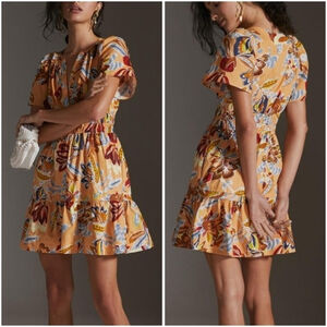 Anthropologie Dress Large Somerset Mini Peach Floral Tiered Boho Cottagecore